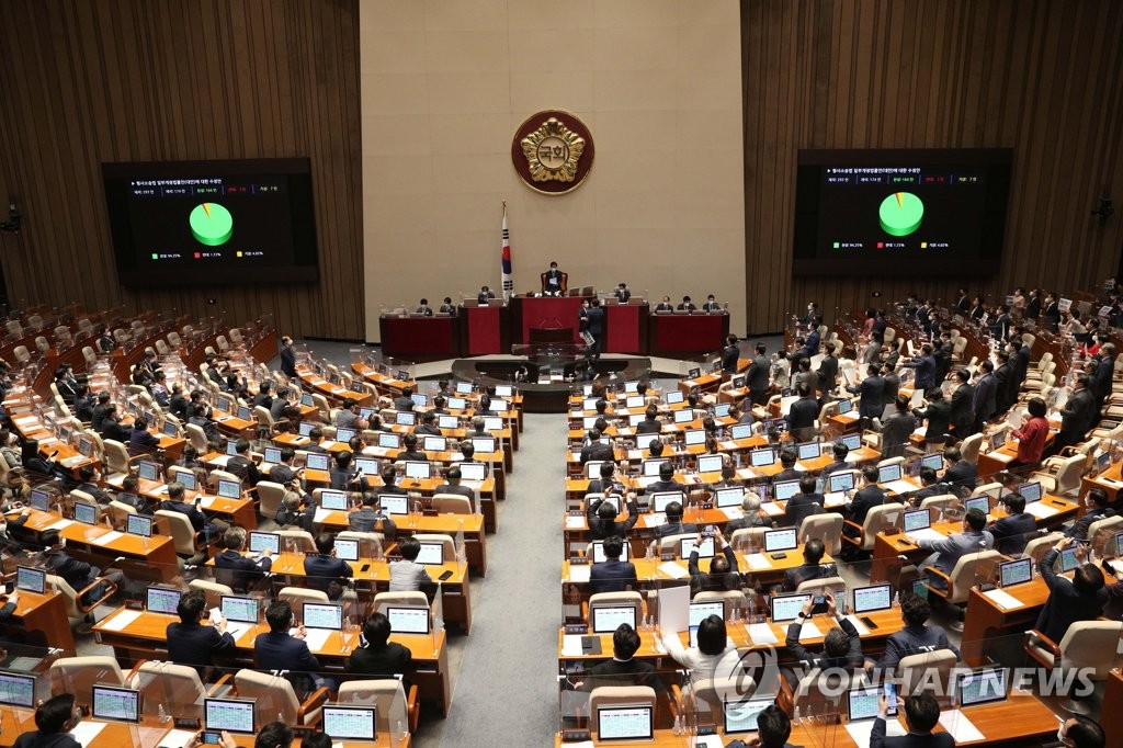 Lawmakers pass a revision to the Criminal Procedure Act, the remaining half of the ruling Democratic Party's prosecution reform legislation, at a plenary session at the National Assembly in Seoul on May 3, 2022. (Pool photo) (Yonhap)