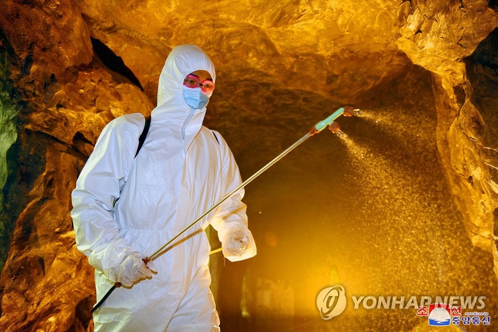 In this photo released by the North's official Korean Central News Agency on May 20, 2022, a North Korean health care worker conducts disinfection work at the Pyongyang Central Zoo. (For Use Only in the Republic of Korea. No Redistribution) (Yonhap)