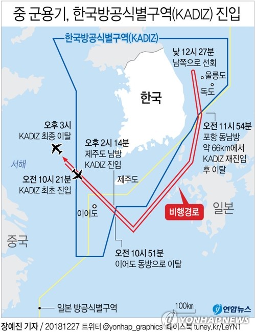 中国軍用機が防空識別圏に３回進入　韓国国防・外交部が抗議