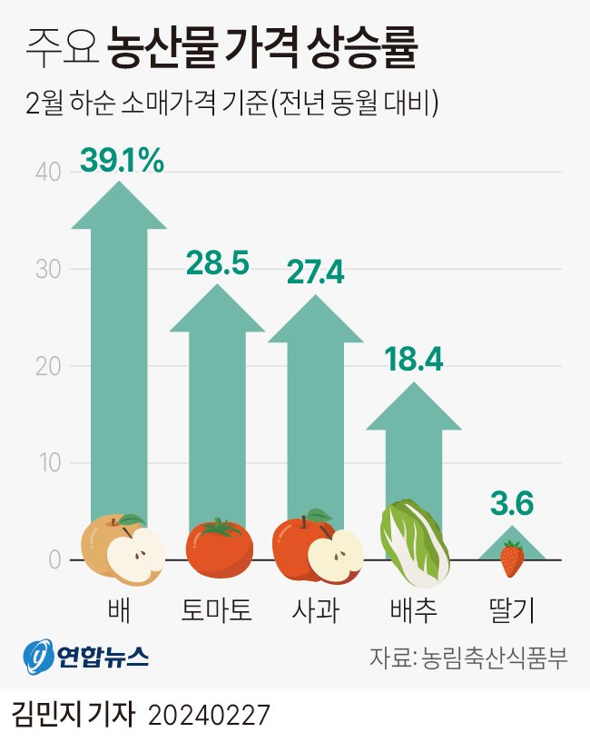 [그래픽] 주요 농산물 가격 상승률 | 연합뉴스