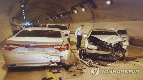 This Sept. 2, 2016, photo from Namyangju Police is from the scene of a 11-car chain collision inside a tunnel of the city just north of Seoul. (Yonhap)