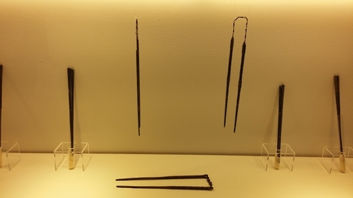 This photo, taken on Nov. 11, 2016, shows chopsticks excavated from ancient sites on display at the Chopsticks Festival in Cheongju, South Korea. (Yonhap)