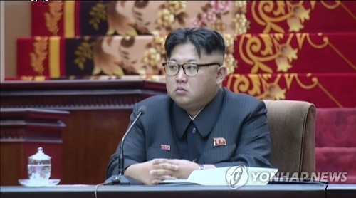 This image captured from footage of North Korea's state-run TV broadcaster on June 29, 2016, shows North Korean leader Kim Jong-un attending a meeting of the Supreme People's Assembly (SPA), the country's parliament. (For Use Only in the Republic of Korea. No Redistribution) (Yonhap)