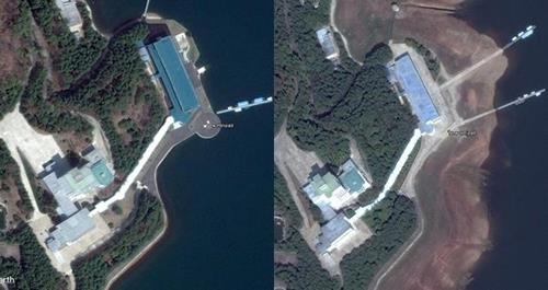 These images captured from Google Earth and provided by Curtis Melvin to RFA show North Korean leader Kim Jong-un's villa before (R) and after the helipad's construction. (Yonhap)