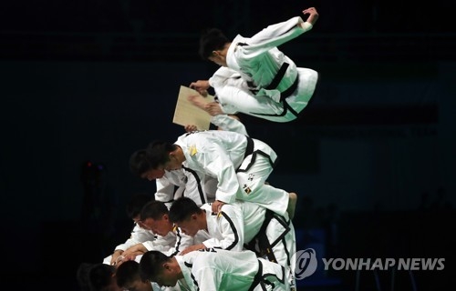 North Korean taekwondo demonstrators from the International Taekwondo Federation (ITF) perform during the opening ceremony of the World Taekwondo Federation (WTF) World Taekwondo Championships at T1 Arena in Muju, North Jeolla Province, on June 24, 2017. (Yonhap)