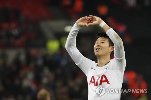 In this Associated Press photo, Tottenham's Son Heung-min celebrates after scoring his side's third goal during the English Premier League match between Tottenham Hotspur and Southampton at Wembley Stadium in London on Dec. 5, 2018. (Yonhap)
