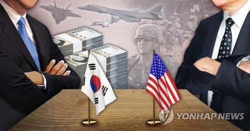 This illustrated image depicts South Korea-U.S. talks on sharing defense costs. (Yonhap)