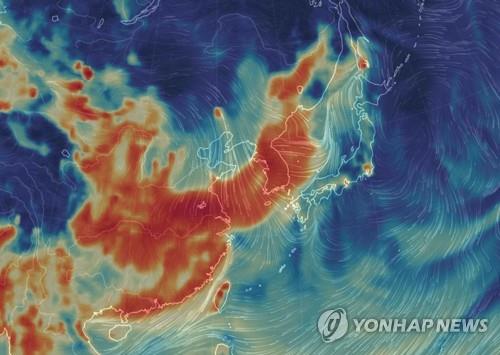 An image captured from the website of Earth Nullschool, a provider of global visualized weather information, shows fine dust concentrations over China and the Korean Peninsula as of 9 a.m. on Jan. 15, 2019, when an ultrafine dust alert was issued in South Korea. (Yonhap)