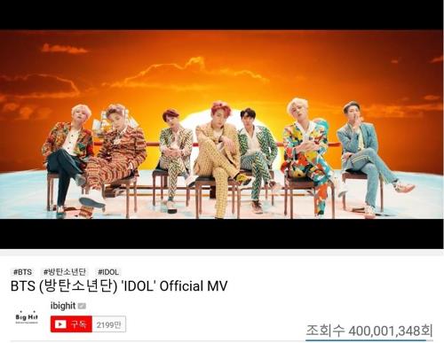 BTS' 'Idol' video tops 400 mln YouTube views