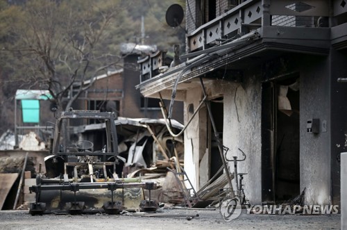 This photo, taken April 6, 2019, shows burned houses and agricultural machines in Goseong County, about 160 kilometers northeast of Seoul, after a blaze engulfed the eastern province. (Yonhap)