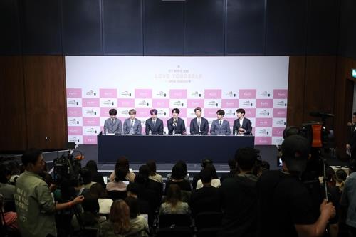 This photo of BTS during a press conference ahead of their concert at Wembley Stadium in London on June 1, 2019 is provided by Big Hit Entertainment. (Yonhap)