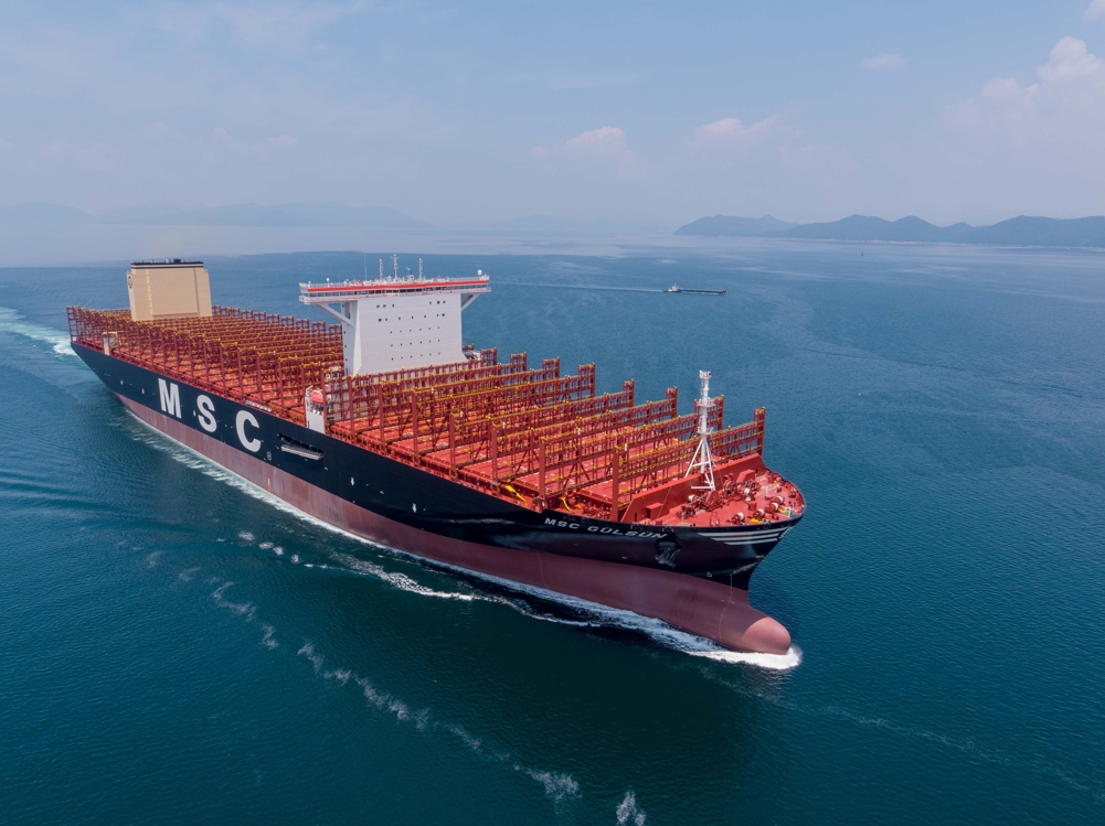 This photo provided by Samsung Heavy Industries Co. on July 8, 2019, shows a 23,000-TEU container ship built by the company. (PHOTO NOT FOR SALE) (Yonhap)