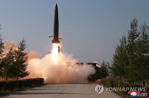 A suspected short-range missile is launched from Kusong, North Pyongan Province in the northwestern part of North Korea, on May 9, 2019, in this photo released by the Korean Central News Agency. (For Use Only in the Republic of Korea. No Redistribution) (Yonhap)