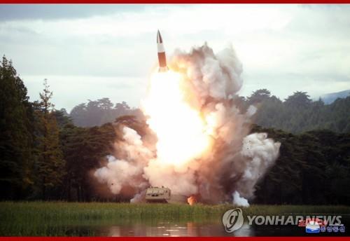 This photo, carried by the North's Korean Central News Agency on Aug. 17, 2019, shows the test of a "new weapon" a day earlier. The projectile is believed to be the North Korean version of the U.S.' Army Tactical Missile System (ATACMS). (For Use Only in the Republic of Korea. No Redistribution) (Yonhap)