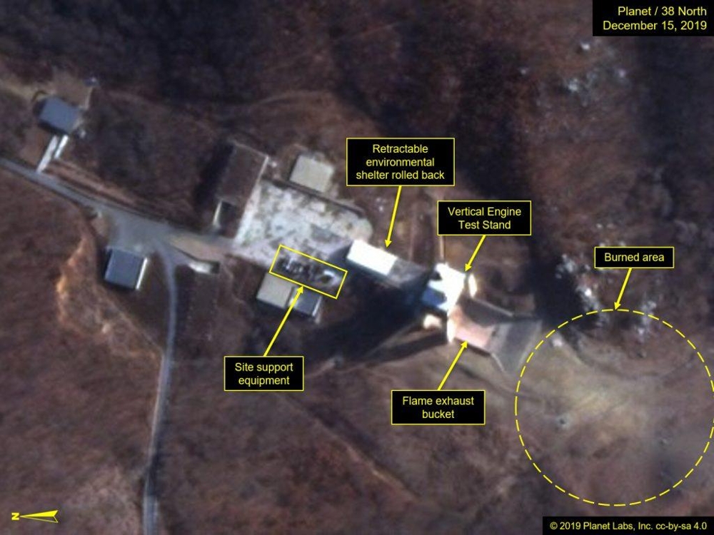 This satellite image, dated Dec. 15, 2019, and provided by 38 North, shows key facilities at the Sohae satellite launch site, North Korea's main missile engine testing site. (PHOTO NOT FOR SALE) (Yonhap)