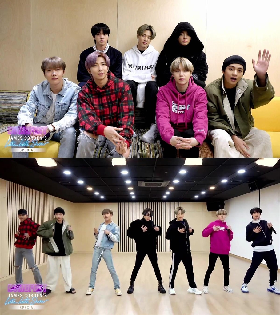 These images captured from "The Late Late Show with James Corden" that aired on March 30, 2020 (U.S. time), were provided by Big Hit Entertainment. (PHOTO NOT FOR SALE) (Yonhap)