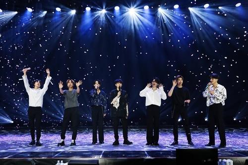 This photo, provided by Big Hit Entertainment, shows a highlight from K-pop band BTS' online concert "Bang Bang Con: The Live," held June 14, 2020. The event drew around 756,000 viewers across the globe, according to the company. (PHOTO NOT FOR SALE) (Yonhap)