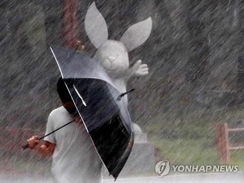A pedestrian walks through heavy rain in the southeastern city of Busan on Aug. 10, 2020. (Yonhap)