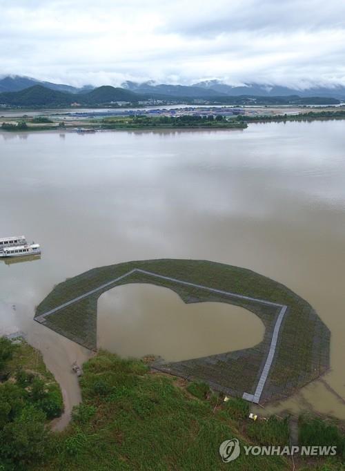 A heart-shaped artificial island made of water plants is moored at Uiam Lake in Chuncheon, 85 kilometers east of Seoul, on Aug. 11, 2020. This is one two artificial islands that the city built for tourism, with another one swept away by rapids amid days of heavy rain six days ago. (Yonhap)