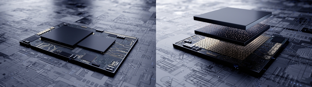 This composite image provided by Samsung Electronics Co. shows chip design using 3D stacking architecture with its X-Cube technology (R) and regular chip design for logic semiconductors (L). (PHOTO NOT FOR SALE) (Yonhap) 