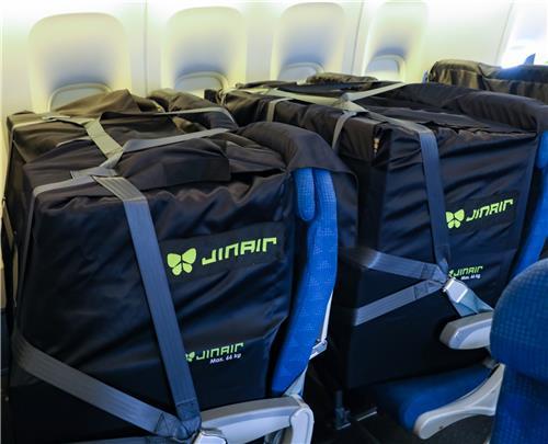 This undated file photo provided by Jin Air shows cargo in cargo seat bags secured to the seats of a converted B777-200ER plane. (Yonhap)
