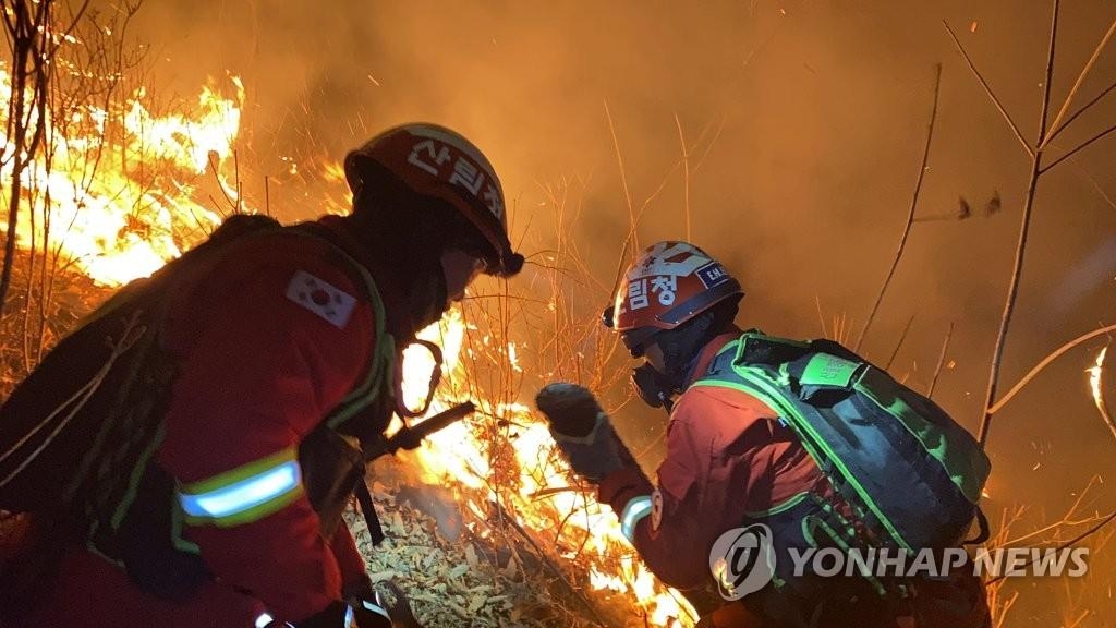 Authorities continue to battle forest fire in Jeongseon for 2nd day