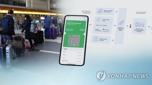 This composite photo captured from Yonhap News TV shows foreign tourists and a prototype of a digital vaccine passport. (PHOTO NOT FOR SALE) (Yonhap)