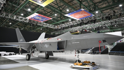 This photo, taken April 6, 2021, and provided by the arms procurement agency, shows a prototype of South Korea's first indigenous fighter jet, the KF-X. (PHOTO NOT FOR SALE) (Yonhap) 