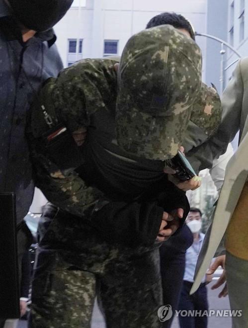 An Air Force officer is taken to a military court in Seoul on June 2, 2021, to attend a hearing to review whether an arrest warrant will be issued over his alleged sexual harassment of a female colleague, which caused her to take her own life in May, in this photo provided by the defense ministry. (PHOTO NOT FOR SALE) (Yonhap)