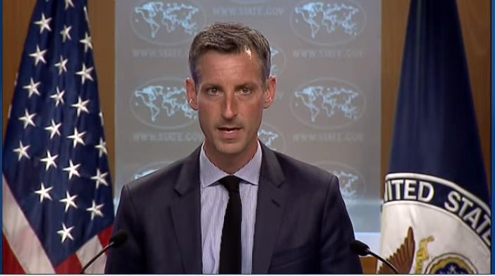 The image captured from the website of the U.S. Department of State shows spokesman Ned Price speaking in a press briefing at the State Department in Washington on July 6, 2021. (PHOTO NOT FOR SALE) (Yonhap)