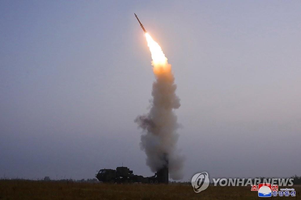 This photo released by the Korean Central News Agency on Oct. 1, 2021, shows a new type of anti-aircraft missile being launched a day earlier. (For Use Only in the Republic of Korea. No Redistribution) (Yonhap)