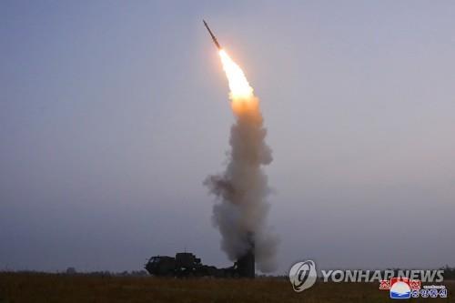 This photo, released by the Korean Central News Agency on Oct. 1, 2021, shows a new type of anti-aircraft missile, developed by North Korea's Academy of Defence Science. The North test-fired it the previous day, according to the agency. (For Use Only in the Republic of Korea. No Redistribution) (Yonhap)