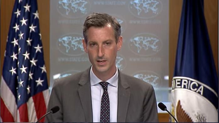 State Department spokesperson Ned Price seen answering questions during a daily press briefing at the State Department in Washington on Oct. 14, 2021 in this image captured from the department's website. (PHOTO NOT FOR SALE) (Yonhap)