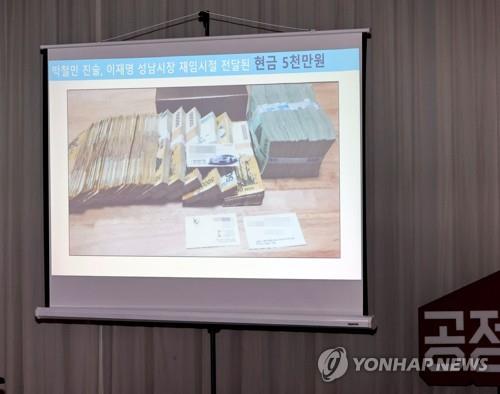 This pool photo shows a photo displayed by Rep. Kim Yong-pan of the People Power Party during a parliamentary audit of the Gyeonggi provincial government in Suwon, south of Seoul, on Oct. 18, 2021. Kim claimed the money in the photo was bribes from gangsters to Gyeonggi Gov. Lee Jae-myung. (Yonhap)