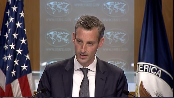 Department of State press secretary Ned Price answers questions in a press briefing at the State Department in Washington on Nov. 4, 2021, in this photo captured from its website. (PHOTO NOT FOR SALE) (Yonhap)