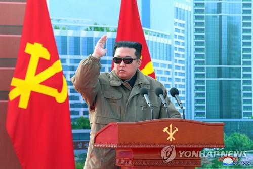North Korean leader Kim Jong-un speaks during a groundbreaking ceremony in Pyongyang for 10,000 apartments in the North Korean capital, in this photo released by the North's official Korean Central News Agency on Feb. 13, 2022. (For Use Only in the Republic of Korea. No Redistribution) (Yonhap)
