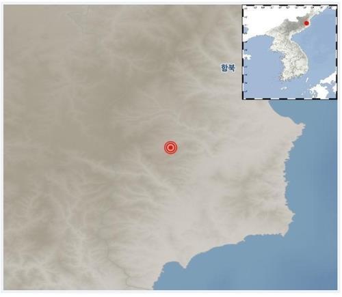 This photo, provided by the Korea Meteorological Administration, shows the epicenter of a 2.3 magnitude natural quake that hit near North Korea's nuclear testing site in Kilju on Feb. 14, 2022. (PHOTO NOT FOR SALE) (Yonhap)