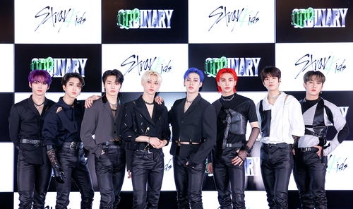 K-pop boy group Stray Kids pose for the camera during an online press conference to promote their second EP album "Oddinary" on March 18, 2022, in this photo provided by JYP Entertainment. (PHOTO NOT FOR SALE) (Yonhap)