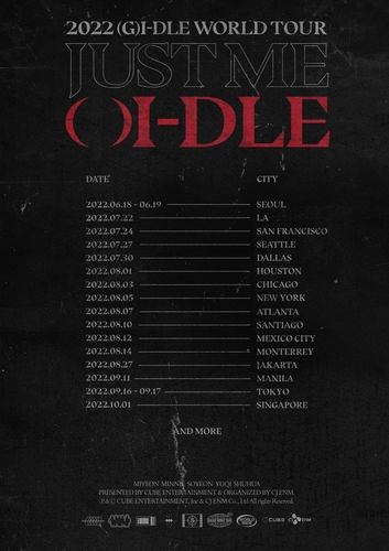 This photo provided by Cube Entertainment shows a promotional poster for K-pop group (G)I-dle's first world tour set to begin in Seoul on June 18 and 19. (PHOTO NOT FOR SALE) (Yonhap)