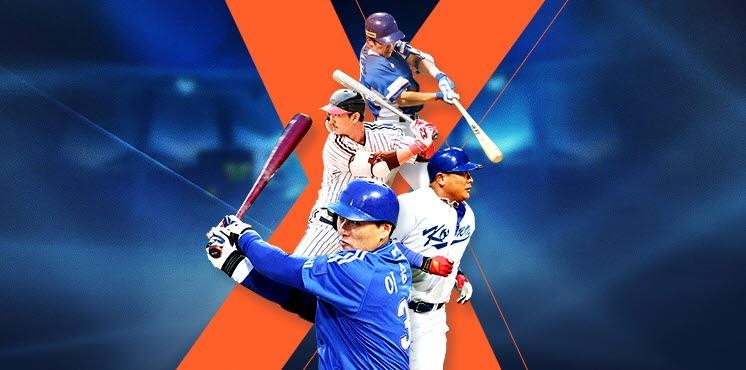 This image provided by Sports Intelligence Group on Aug. 12, 2022, shows four former South Korean baseball players who will take part in the FTX MLB Home Run Derby X in South Korea in September. From top: Jeong Keun-woo, Park Yong-taik, Kim Tae-kyun and Lee Seung-yuop. (PHOTO NOT FOR SALE) (Yonhap)