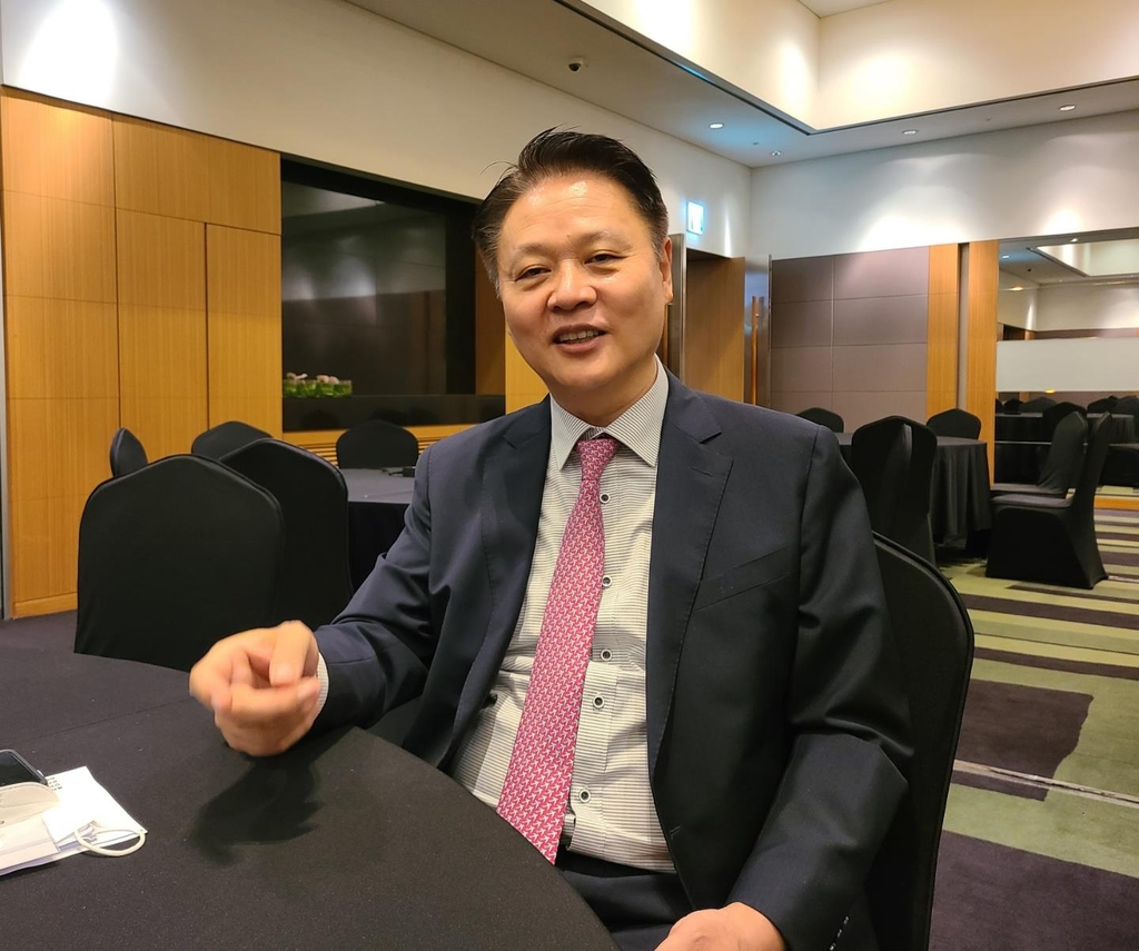 This photo taken Sept. 15, 2022 shows Air Premia CEO Yoo Myung-sub during an interview with Yonhap News Agency after a press conference on the budget carrier's new route plans held at the InterContinental Seoul COEX hotel in southern Seoul. (Yonhap)