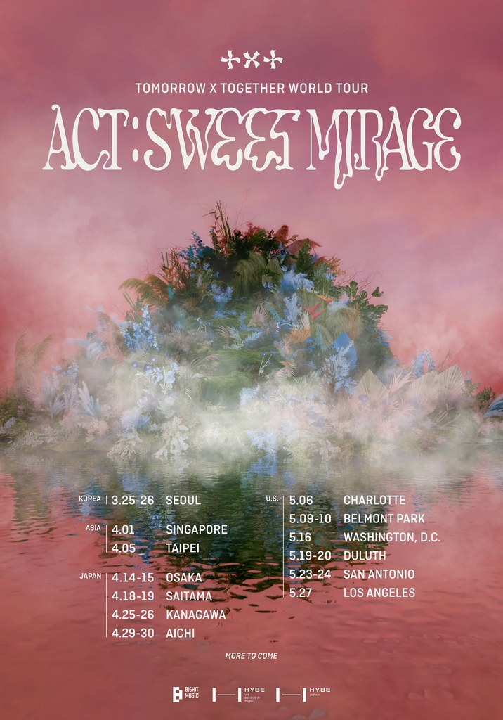 This image provided by Big Hit Music is of an English poster for K-pop boy group Tomorrow X Together's upcoming world tour, "Act: Sweet Mirage." (PHOTO NOT FOR SALE) (Yonhap)