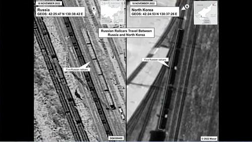 The captured image shows imagery released by the White House National Security Council on Jan. 20, 2023 that show a set of Russian railcars traveling between Russia and North Korea on Nov. 18-Nov. 19, 2022 for a suspected delivery of North Korean military equipment to Russia's private military company, the Wagner Group. (Yonhap)