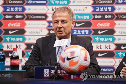 Jurgen Klinsmann, new head coach of the South Korean men's national football team, speaks during his inaugural news conference at the National Football Center in Paju, about 30 kilometers northwest of Seoul on March 9, 2023. (Yonhap)