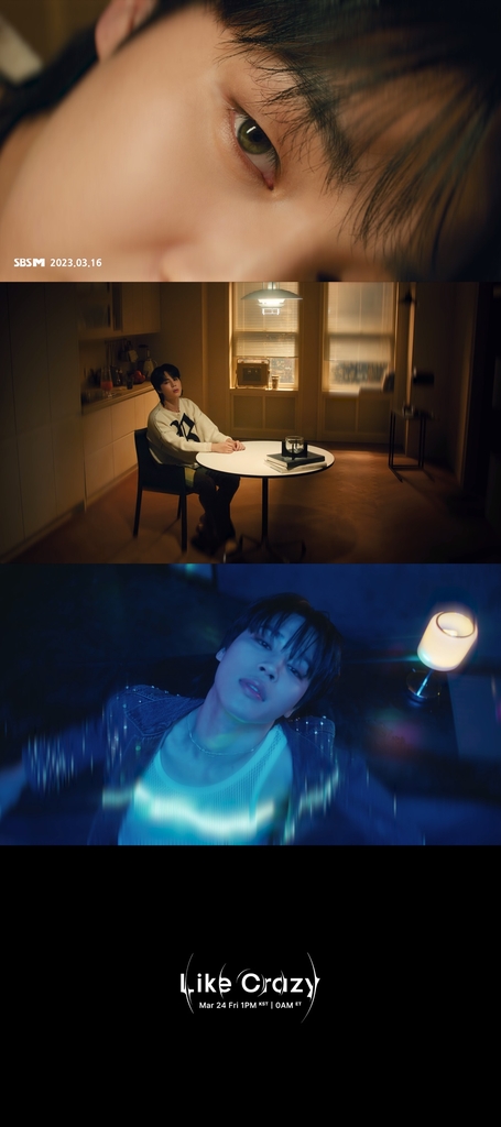 This composite photo provided by BigHit Music is of scenes captured from a teaser video for "Like Crazy," the main track of BTS member Jimin's upcoming solo album "Face." (PHOTO NOT FOR SALE) (Yonhap)