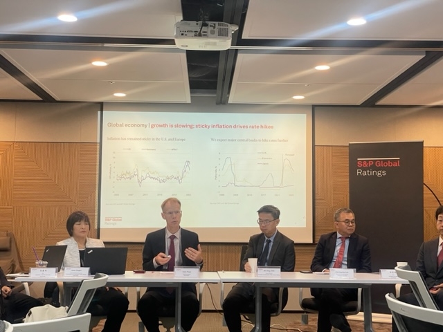 Louis Kuijs (2nd from L), chief economist of Asia-Pacific S&P Global Ratings, speaks at a press conference held in central Seoul on May 3, 2023. (Yonhap)