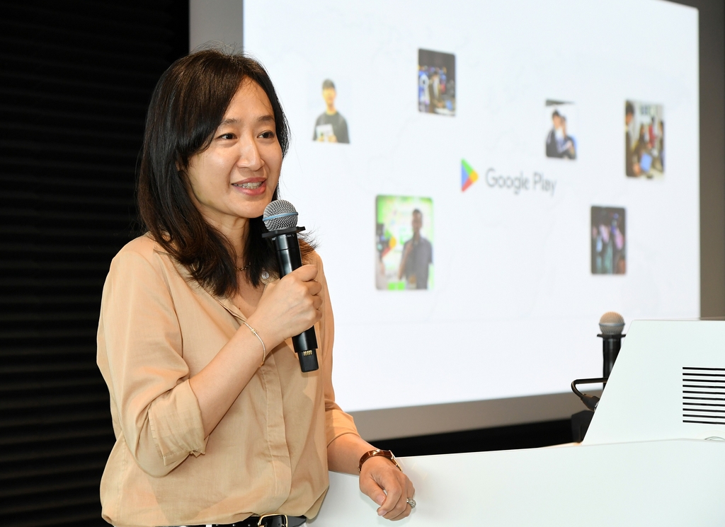 This photo provided by Google Korea shows Kay Shin, senior director of marketing, Asia-Pacific platforms and ecosystems, speaking during a press event on the company's ChangGoo Program in Seoul on Aug. 17, 2023. (PHOTO NOT FOR SALE) (Yonhap)