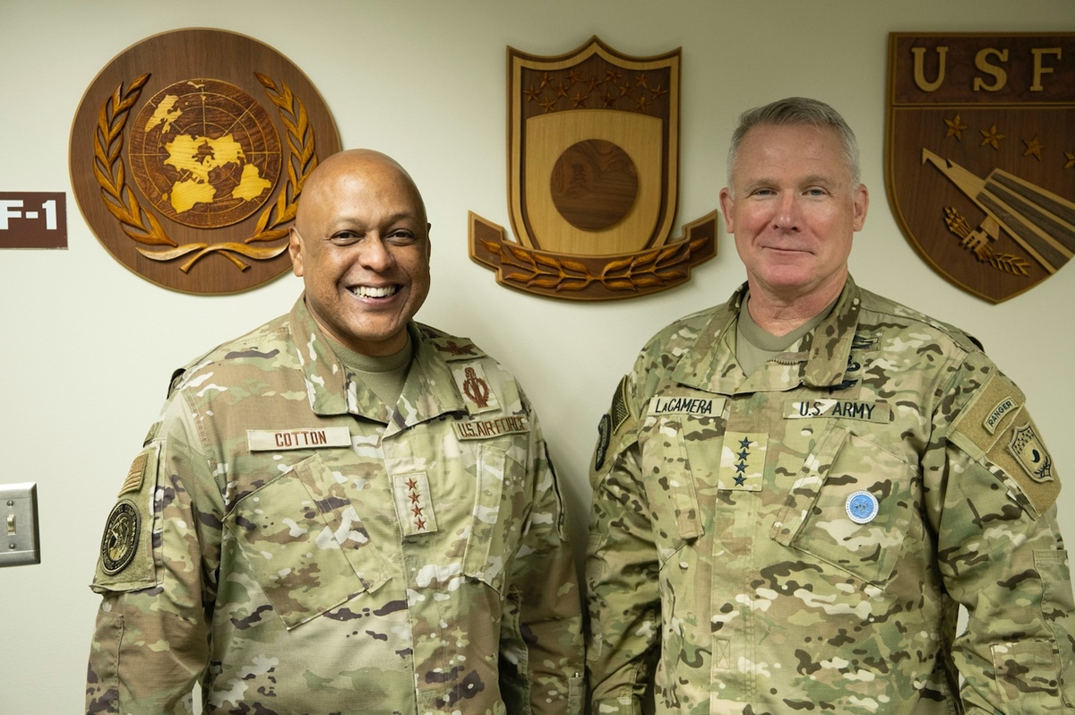 Gen. Anthony J. Cotton (L), commander of the U.S. Strategic Command, meets with Gen. Paul LaCamera, commander of the U.S. Forces Korea (USFK) at CP Tango, a key U.S.-controlled wartime bunker, on Aug. 29, 2023, in this photo provided by the USFK. (PHOTO NOT FOR SALE) (Yonhap)