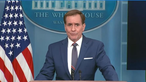 National Security Council Coordinator for Strategic Communications John Kirby is seen answering questions during a press briefing at the White House in Washington on Sept. 13, 2023 in this captured image. (Yonhap)