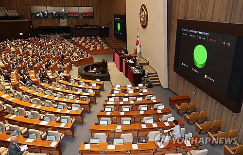 Una pantalla muestra el número de votos emitidos para la revisión de la Ley de Ajuste de las Relaciones Laborales y Sindicales, también conocida como la "billete de sobre amarillo," en la Asamblea Nacional en Seúl el 9 de noviembre de 2023. (Yonhap)